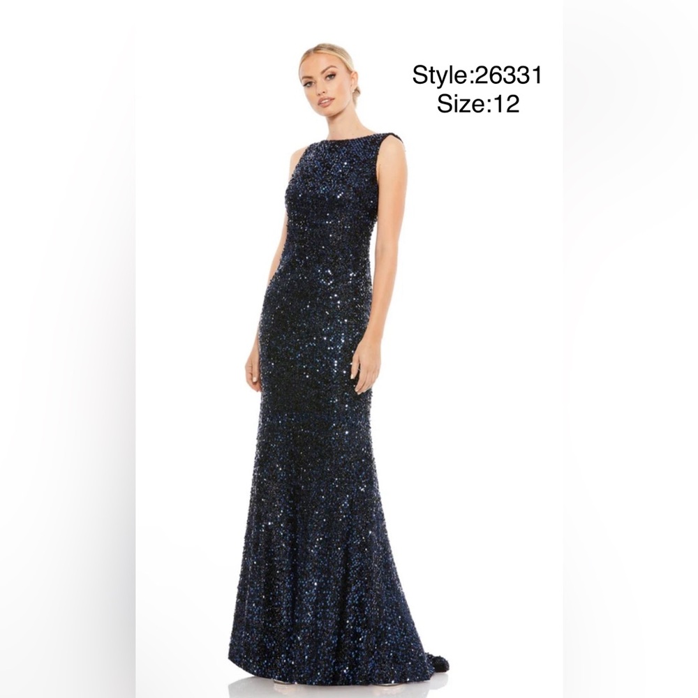Cowl back boat neck sequined gown
